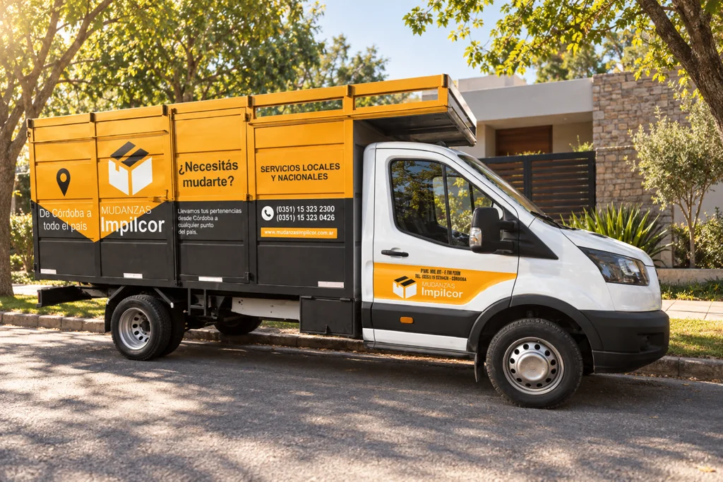 Recreación publicitaria del camión de Mudanzas Impilcor en un entorno residencial